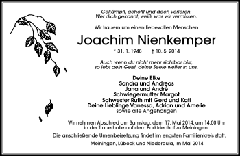 Traueranzeige von Joachim Nienkemper von Südthüringer Presse