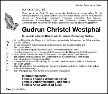 Traueranzeige von Gudrun Christel Westphal von Südthüringer Presse