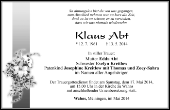 Traueranzeige von Klaus Abt von Südthüringer Presse