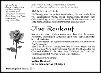 Traueranzeige von Ilse Reukauf von Südthüringer Presse