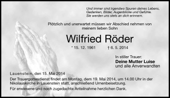 Traueranzeige von Wilfried Röder von Neue Presse Coburg