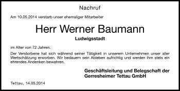 Traueranzeige von Werner Baumann von Neue Presse Coburg