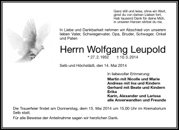 Traueranzeige von Wolfgang Leupold von Frankenpost