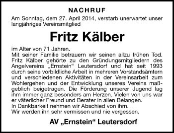 Traueranzeige von Fritz Kälber von Südthüringer Presse