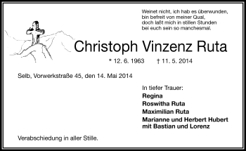 Traueranzeige von Christoph Vinzenz Ruta von Frankenpost