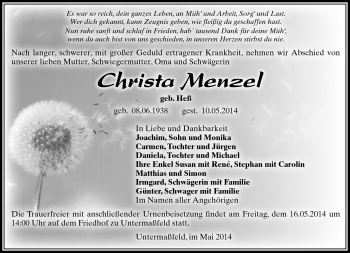 Traueranzeige von Christa Menzel von Südthüringer Presse