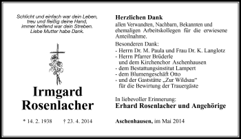 Traueranzeige von Irmgard Rosenlacher von Südthüringer Presse