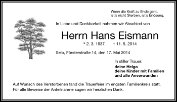 Traueranzeige von Hans Eismann von Frankenpost