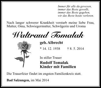 Traueranzeige von Waltraud Tomalak von Südthüringer Presse