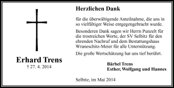 Traueranzeige von Erhard Trens von Frankenpost