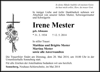 Traueranzeige von Irene Mester von Südthüringer Presse
