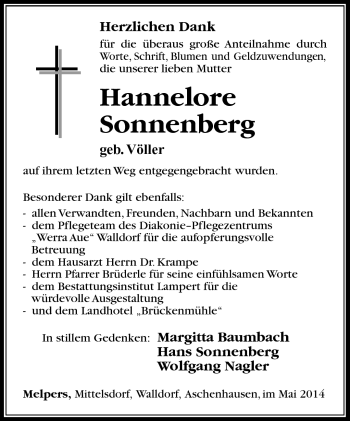 Traueranzeige von Hannelore Sonnenberg von Südthüringer Presse