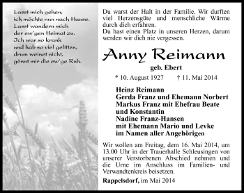 Traueranzeige von Anny Reimann von Südthüringer Presse