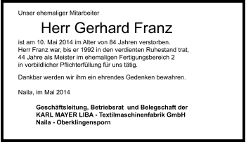 Traueranzeige von Gerhard Franz von Frankenpost