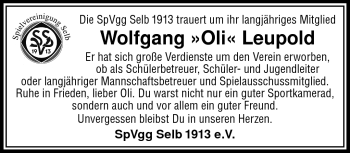 Traueranzeige von Wolfgang Leupold von Frankenpost