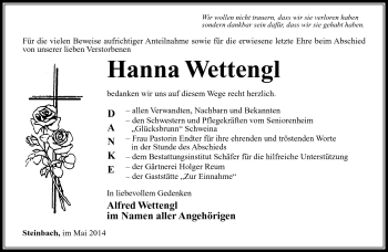 Traueranzeige von Hanna Wettengl von Südthüringer Presse