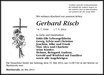 Traueranzeige von Gerhard Risch von Südthüringer Presse