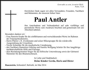Traueranzeige von Paul Antler von Südthüringer Presse