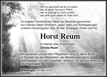 Traueranzeige von Horst Reum von Südthüringer Presse
