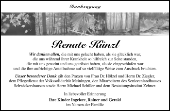 Traueranzeige von Renate Künzl von Südthüringer Presse