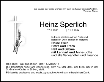 Traueranzeige von Heinz Sperlich von Neue Presse Coburg