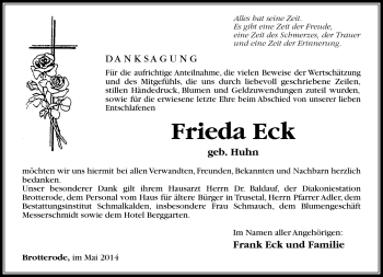 Traueranzeige von Frieda Eck von Südthüringer Presse