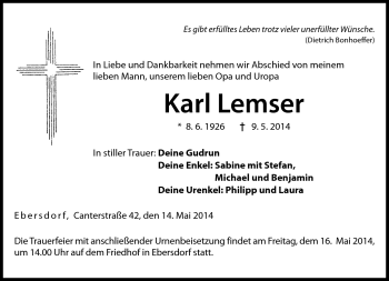 Traueranzeige von Karl Lemser von Neue Presse Coburg