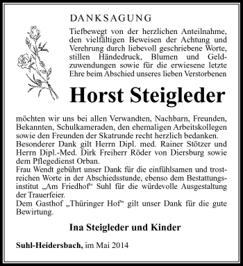 Traueranzeige von Horst Steigleder von Südthüringer Presse