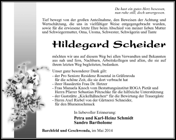 Traueranzeige von Hildegard Schneider von Südthüringer Presse