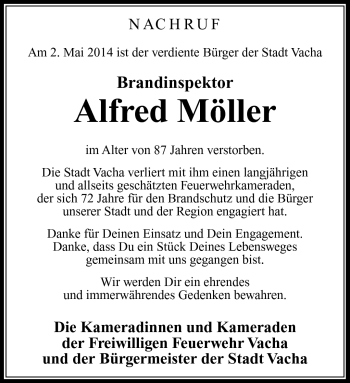 Traueranzeige von Alfred Möller von Südthüringer Presse