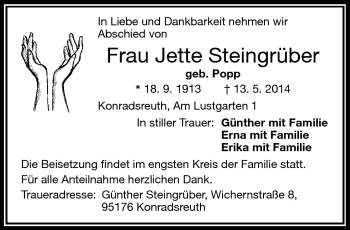 Traueranzeige von Jette Steingrüber von Frankenpost