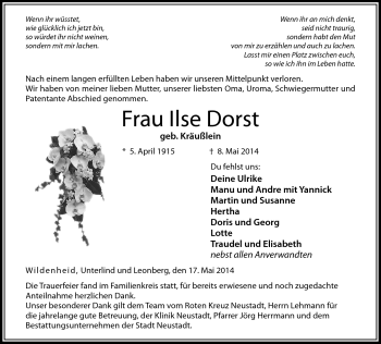 Traueranzeige von Ilse Dorst von Neue Presse Coburg