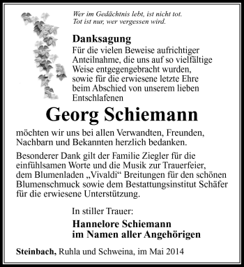 Traueranzeige von Georg Schiemann von Südthüringer Presse