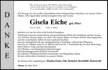 Traueranzeige von Gisela Eiche von Südthüringer Presse