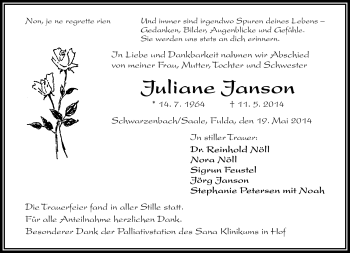 Traueranzeige von Juliane Janson von Frankenpost