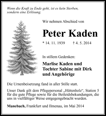 Traueranzeige von Peter Kaden von Südthüringer Presse