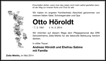 Traueranzeige von Otto Höroldt von Südthüringer Presse