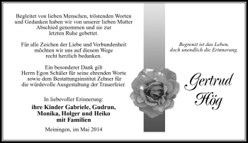 Traueranzeige von Gertrud Hög von Südthüringer Presse