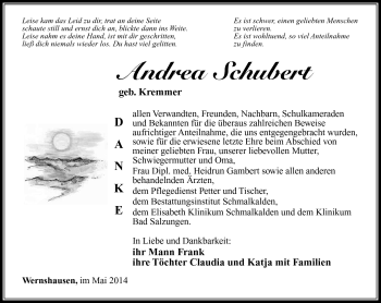 Traueranzeige von Andrea Schubert von Südthüringer Presse