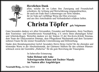 Traueranzeige von Christa Töpfer von Südthüringer Presse