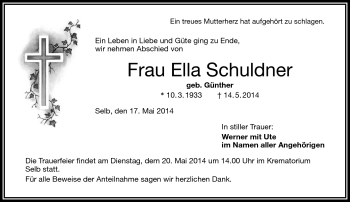 Traueranzeige von Ella Schuldner von Frankenpost