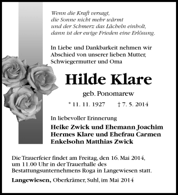 Traueranzeige von Hilde Klare von Südthüringer Presse