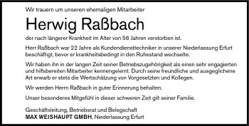 Traueranzeige von Herwig Raßbach von Südthüringer Presse