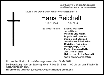 Traueranzeige von Hans Reichelt von Neue Presse Coburg