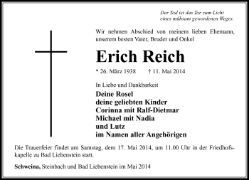 Traueranzeige von Erich Reich von Südthüringer Presse