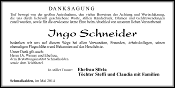 Traueranzeige von Ingo Schneider von Südthüringer Presse