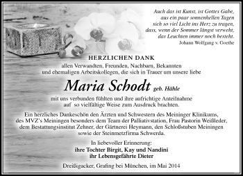 Traueranzeige von Maria Schodt von Südthüringer Presse
