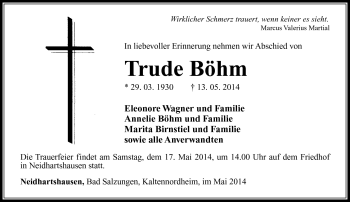 Traueranzeige von Trude Böhm von Südthüringer Presse