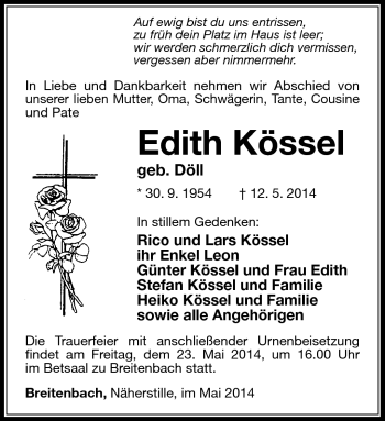 Traueranzeige von Edith Kössel von Südthüringer Presse