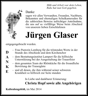 Traueranzeige von Jürgen Glaser von Südthüringer Presse